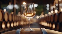Glass of white wine on wooden barrel against blurred background with string lights creating romantic ambiance in winery cellar or outdoor terrace setting.