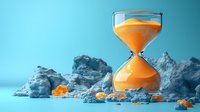 Hourglass with orange sand among rocky landscape against turquoise background, conceptual composition showing time passing and natural erosion process.