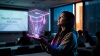 Young African American businesswoman holding glowing holographic cube in modern office environment showcasing futuristic technology and innovation.
