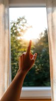 Female hand reaching towards sunlight through window with sheer curtains, creating atmospheric morning scene with bokeh effect and warm golden glow.