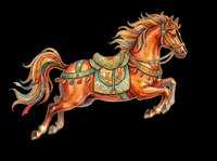 Ornate jumping horse with colorful decorative saddle and flowing mane, isolated on transparent background, ready for stickers, t-shirt design, and print on demand.