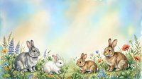 Watercolor illustration of four rabbits in a meadow surrounded by wildflowers and grass. Suitable for children's books, nursery decor, and greeting cards.