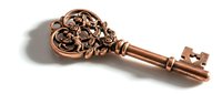 Ornate copper skeleton key with intricate floral bow design, isolated on white background, suitable for vintage decor, antique collections, steampunk projects, and decorative design elements.