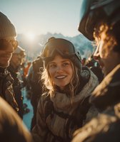 Happy young Caucasian woman snowboarder smiling with friends on sunny mountain slope wearing goggles and winter gear for winter sports adventure.