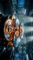 Glowing golden and blue gears with digital holographic displays and circuit board schematics in futuristic industrial setting. Concept for technology, engineering, automation, and innovation.