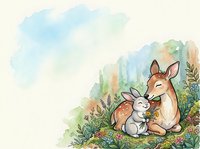 Mother deer and baby fawn resting together in meadow with wildflowers and foliage. Watercolor illustration suitable for children's books, nursery decor, and greeting cards.