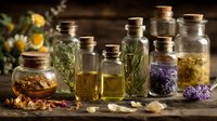 Collection of glass apothecary bottles filled with dried herbs, essential oils and natural remedies on rustic wooden surface for aromatherapy and holistic healing.