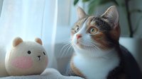 Calico cat with white and orange fur sitting near cute plush bear toy by window, looking up with interest. Natural daylight creates soft mood for pet photography.
