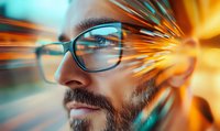 Close-up portrait of bearded man wearing glasses with dynamic light effects and motion blur in orange and turquoise colors creating futuristic atmosphere.