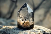 Mystical crystal point with silhouette of bare tree captured inside, illuminated by golden sunlight. Natural landscape scene encased in translucent mineral specimen.