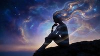 Silhouette of contemplative person sitting against cosmic starry sky with swirling nebula clouds at twilight for meditation and spiritual themes.