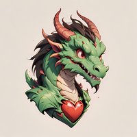 Green dragon head with red horns and black mane holding heart in mouth, fantasy character portrait on beige background. Isolated design for gaming, merchandise and stickers.