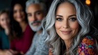 Confident middle-aged woman with silver gray wavy hair and natural makeup smiling warmly at camera, wearing colorful floral blouse with blurred people in background.