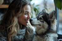 Young Caucasian woman with blonde wavy hair wearing grey sweater sharing tender moment with Siberian husky dog near window, natural lighting creates intimate atmosphere.