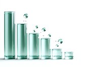 Empty glass containers in descending height order with floating water drops, green tinted on white background, minimalist cosmetic packaging concept.