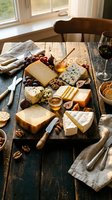 Gourmet cheese board with wine on rustic wooden table featuring artisan cheeses, honey, nuts, grapes and crackers for entertaining and fine dining.