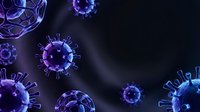 Purple and blue virus particles floating in dark space with glowing spikes for medical research, healthcare education, microbiology studies and scientific presentations.