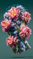 Floral silhouette formed by pink peonies and blue hydrangeas with glowing digital network overlay against teal background for creative design projects.