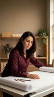 Professional middle-aged Caucasian woman architect reviewing blueprints at desk in modern office workspace with natural lighting and plants.