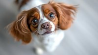 Adorable Cavalier King Charles Spaniel puppy with expressive eyes and distinctive brown and white coat looking up at camera against blurred background.