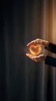 Hands holding glowing golden heart shape with warm light effect against dark background, symbolizing love, care, charity and compassion for healthcare and wellness concepts.