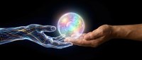 Holographic digital hand transferring glowing sphere of data and technology to human palm against dark background, representing innovation and connection.