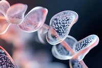 Delicate translucent seed pods with crystalline texture in soft pink and blue tones against dark background, revealing intricate natural patterns and organic shapes.
