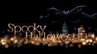 Glowing Spooky Halloween text with flying bats silhouettes against dark night sky and city lights bokeh background, creating mysterious festive atmosphere.