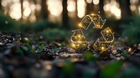 Glowing recycling symbol on forest floor with magical bokeh lights and fallen leaves creates environmental awareness concept for sustainability and nature conservation.
