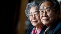 Happy elderly Asian couple smiling together indoors wearing glasses, senior man and woman portrait showing love and companionship in golden years.