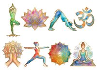 Yoga and meditation symbols with spiritual poses, lotus flower, om sign, and chakra mandala isolated on white background for wellness design projects.