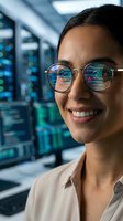 Young Hispanic female IT specialist with glasses reflecting data screens in modern server room smiling confidently at camera for technology careers.