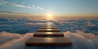 Mystical stairway leading into sunset above fluffy clouds, wooden steps floating in dreamy cloudscape with golden sunlight and ethereal atmosphere.