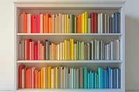 Books arranged by color in rainbow spectrum order on white built-in bookshelf, creating modern minimalist home library display for interior design and organization.