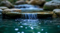 Small waterfall cascading over moss-covered rocks in crystal clear stream, creating peaceful ripples and bokeh reflections in turquoise water. Perfect for wellness themes.