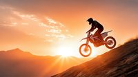 Motocross rider jumping on dirt bike against dramatic orange sunset sky with mountain silhouettes, extreme sports adventure and adrenaline rush concept.