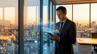 Professional businessman using smartphone in modern office with city skyline view at sunset. Corporate executive checking messages by floor-to-ceiling windows.