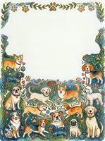 Watercolor frame with cute dogs of various breeds, paw prints, and floral elements surrounding a blank space for text or design.