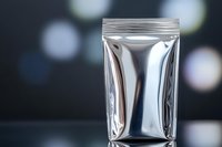 Metallic silver foil zip lock bag on reflective surface with bokeh background, empty packaging mockup for product design and branding projects.