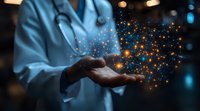 Medical professional in white coat holding glowing magical particles and sparkles in hands against dark background with blue lighting effect and bokeh.