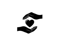 Two protective hands surrounding black heart symbol representing care, love, protection, support and compassion in minimalist design for healthcare concepts.