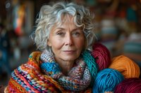 Senior woman with silver curly hair wearing colorful knitted scarf surrounded by vibrant yarn balls in turquoise, red and orange. Warm authentic portrait with soft bokeh background.