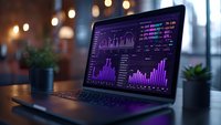 Modern laptop displaying purple financial analytics dashboard with charts and graphs on screen, illuminated by ambient evening lighting with decorative plants.