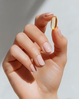 Female hand with elegant manicure holding transparent yellow supplement capsule against light gray background. Wellness and health concept.