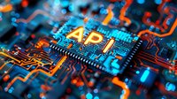 Glowing API text on microchip with orange and blue circuit paths on computer motherboard, representing modern technology and software development interface.
