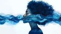 Young African American woman profile merged with blue ocean waves, artistic double exposure effect showing natural hair flowing into water ripples. For wellness and beauty concepts.