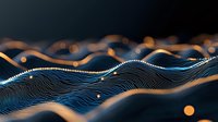 Futuristic wavy lines with glowing particles and bokeh effects on dark background create dynamic abstract technology visualization for digital design.