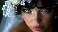 Close up portrait of young woman with striking blue eyes, dark curly hair, and lace hair accessories against soft blurred background, romantic bridal makeup look.