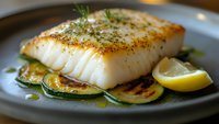 Grilled white fish fillet with herbs served on sautéed zucchini slices and lemon wedge on ceramic plate for restaurant menu and healthy cooking recipes.