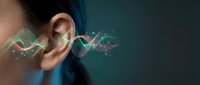 Young woman with digital sound waves emanating from ear showing audio technology, hearing aid innovation, and futuristic communication concepts.